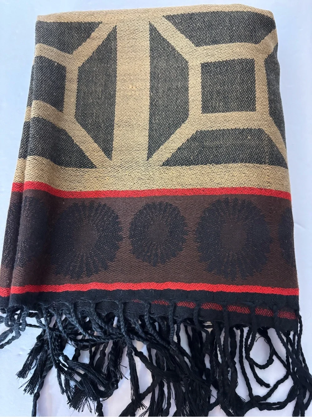 pashmina Black Red and Gold Jacquard Patterned Scarf